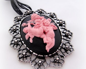 Pink cherubs cameo brooch pendant, gothic renaissance necklace, gift for her, bridesmaid jewelry