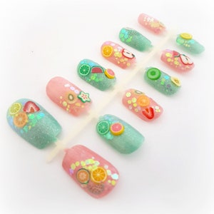 Sweet pastel fruit nails, Japanese nail art set, kawaii 3d nails, pastel goth press on nails image 4