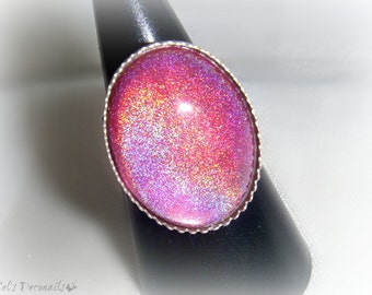 Holographic pink ring, fairy kei rainbow jewelry, kawaii pink glitter ring