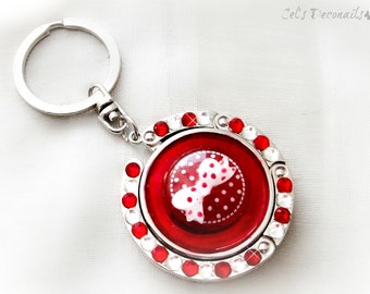 Pinup girl polka dot keychain, handmade gift, red white bag hanger, bag charm