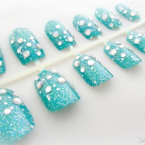 Ocean Blue Japanese Style Bling Nails, False Nail Set, Summer Nails - Etsy