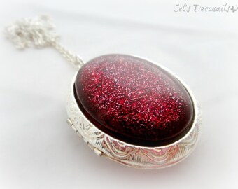 Red glitter locket, vampire necklace, gothic jewelry