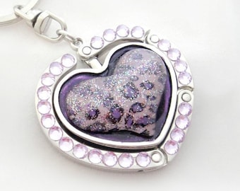 Purple animal print heart purse hook, kawaii keychain bag charm, gift for her