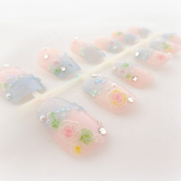 Stained glass pastel flower nail art set, hand painted nails, gift for her, women accessories