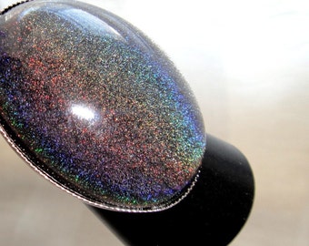 Black rainbow holographic color changing ring, chunky ring