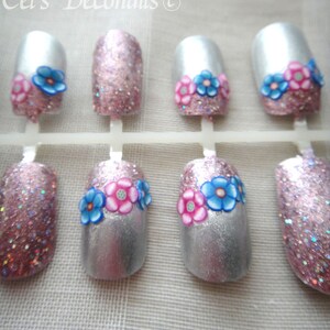 Spring flowers nail art set, handpainted nails, glitter false nail set image 5