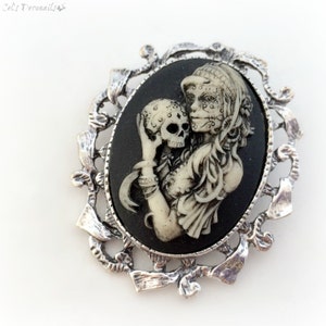 Zombie girl with skull brooch pendant, gothic cameo necklace, spooky Halloween costume jewelry image 3