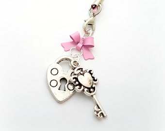 Heart key and locket planner charm, cute heart phone charm, kawaii purse charm