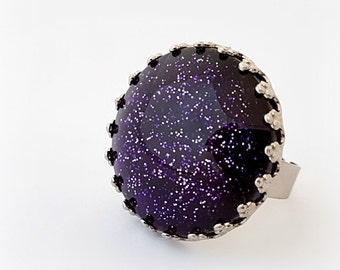 Purple ring, gothic jewelry, glitter adjustable ring, gift for her