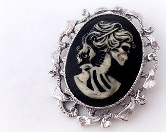 Zombie lady cameo brooch pendant, gothic skeleton necklace, spooky Halloween costume jewelry