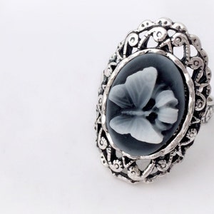 Silver butterfly cameo ring, gothic jewelry, black butterfly ring, romantic elegant gift by celdeconail