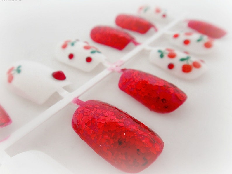 Cute cherry nails red glitter press on nails cute nail set. image 1
