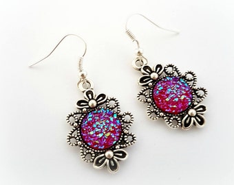 Red druzy earrings, dangle earrings, gothic romantic jewelry
