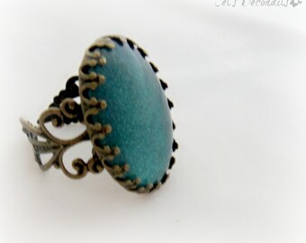 Teal holographic ring, vintage style jewelry, antique gold adjustable ring
