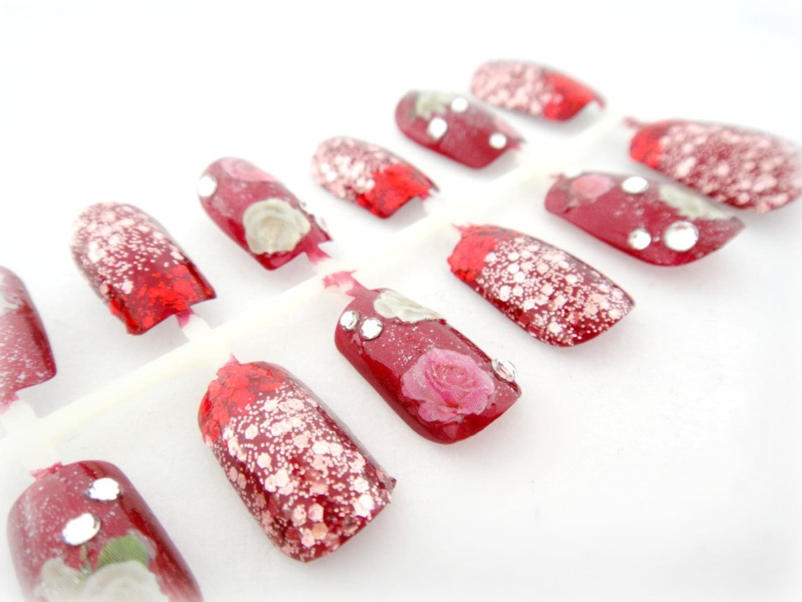 Red Rose Garden Nails Hand Painted Glitter Nails Gift for Etsy