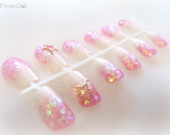 Holographic pink glitter Japanese style handpainted nails, women accessories