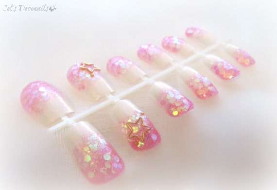 Holographic pink glitter Japanese style handpainted nails, women accessories
