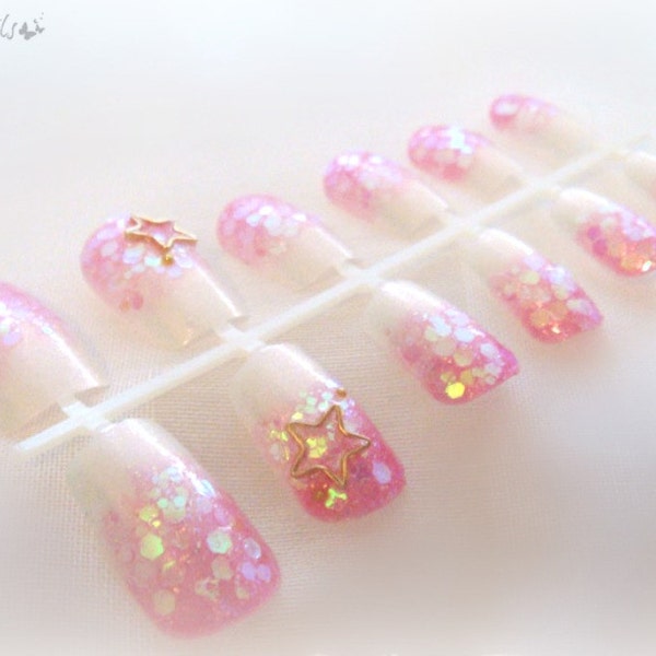 Holographic pink glitter Japanese style handpainted nails, women accessories