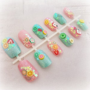 Sweet pastel fruit nails, Japanese nail art set, kawaii 3d nails, pastel goth press on nails image 5