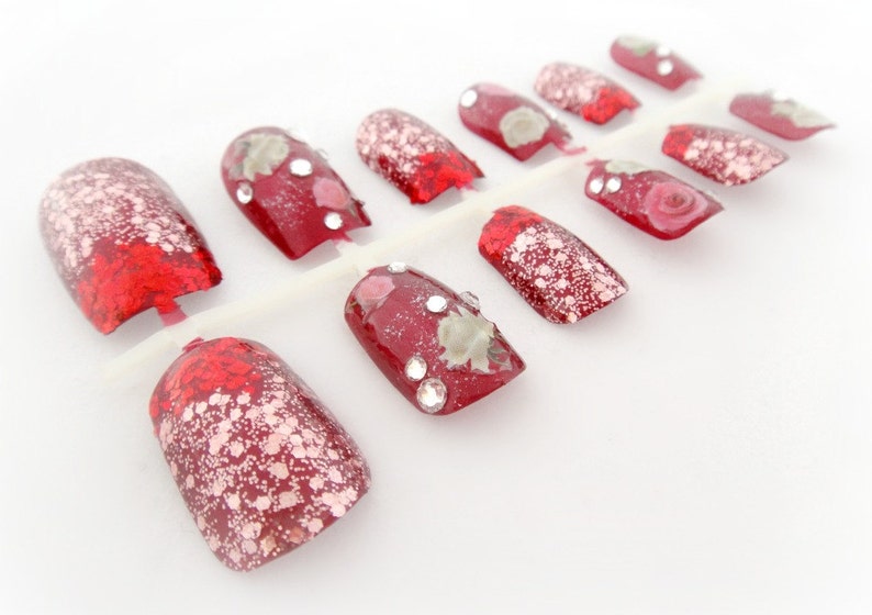 Red Rose Garden Nails Hand Painted Glitter Nails Gift for Etsy