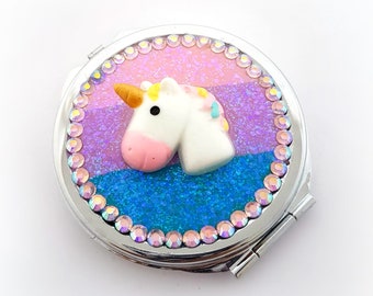 Rainbow unicorn compact mirror, pastel goth mirror, kawaii gift for her