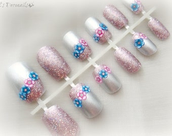 Spring flowers nail art set, handpainted nails, glitter false nail set