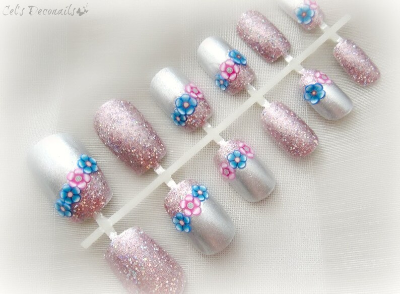Spring flowers nail art set, handpainted nails, glitter false nail set image 1
