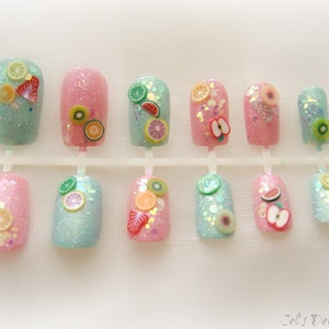 Sweet pastel fruit nails, Japanese nail art set, kawaii 3d nails, pastel goth press on nails image 2