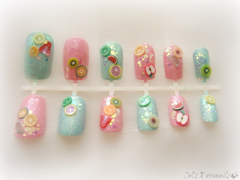 Sweet pastel fruit nails, Japanese nail art set, kawaii 3d nails, pastel goth press on nails image 2