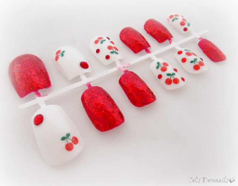 Cute cherry nails red glitter press on nails cute nail set. image 2
