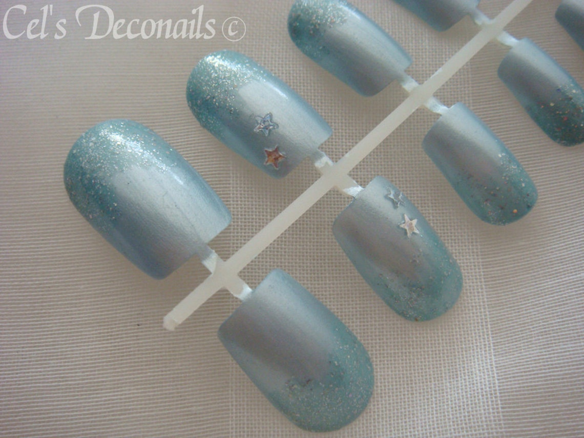 Kawaii Nail Set Pale Blue Stars Japanese Nail Art Women Etsy