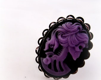 Zombie skeleton lady cameo ring, pastel goth spooky gothic jewelry