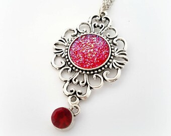 Red druzy pendant, long gothic necklace, vampire candy jewelry
