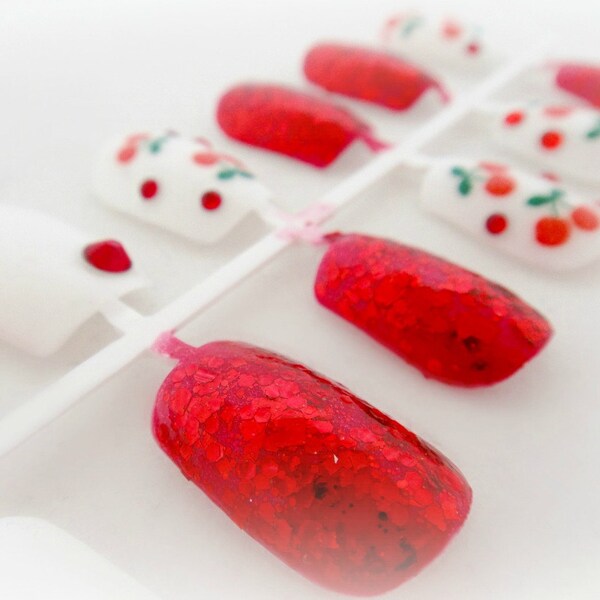 Cute cherry nails, red glitter press on nails, cute nail set. cherry nail art, gift for her, women accessories