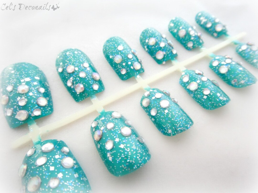 Ocean Blue Japanese Style Bling Nails, False Nail Set, Summer Nails - Etsy