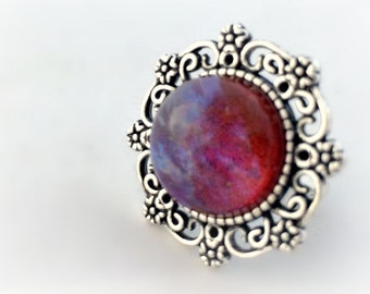 Dragon's breath victorian gothic ring, mexican opal round ring, dark fantasy jewelry