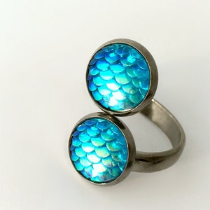 Blue mermaid scales double gunmetal ring, dragon fantasy ring, pastel goth