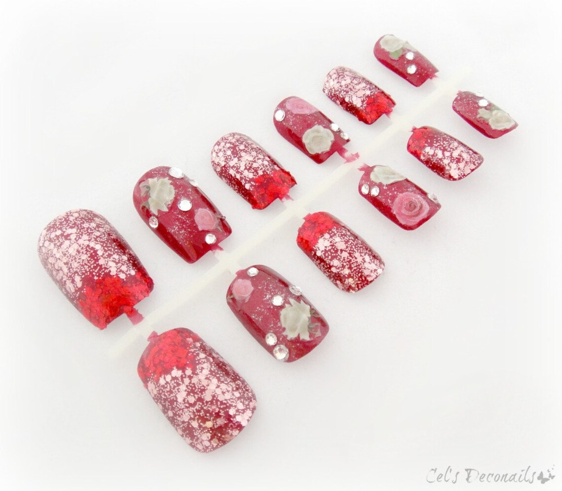 Red Rose Garden Nails Hand Painted Glitter Nails Gift for Etsy