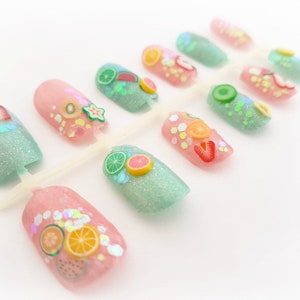 Sweet pastel fruit nails, Japanese nail art set, kawaii 3d nails, pastel goth press on nails image 3