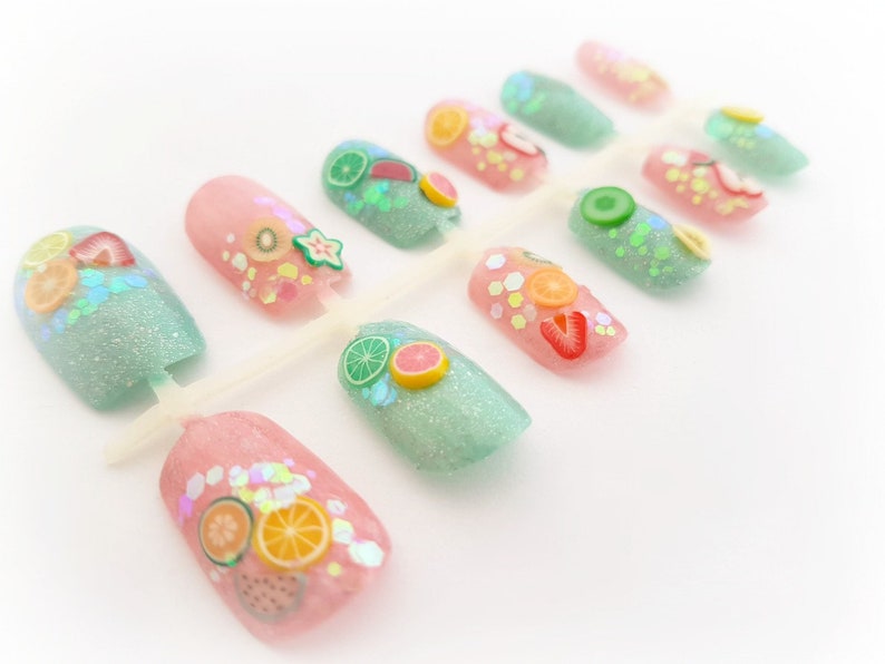 Sweet pastel fruit nails, Japanese nail art set, kawaii 3d nails, pastel goth press on nails image 3