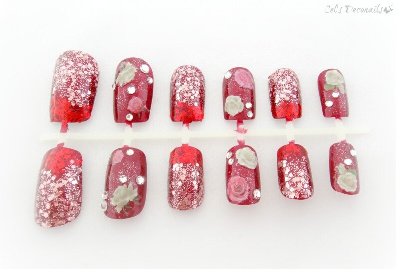 Red Rose Garden Nails Hand Painted Glitter Nails Gift for Etsy