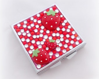 Cute strawberry rhinestone pill box, trinket box, teen girl gift