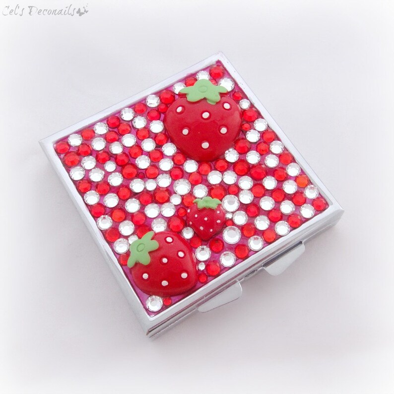 Cute strawberry rhinestone pill box, trinket box, teen girl gift image 1