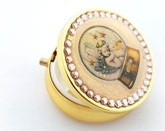 Golden angel snowglobe deco pill case, kawaii gift for her