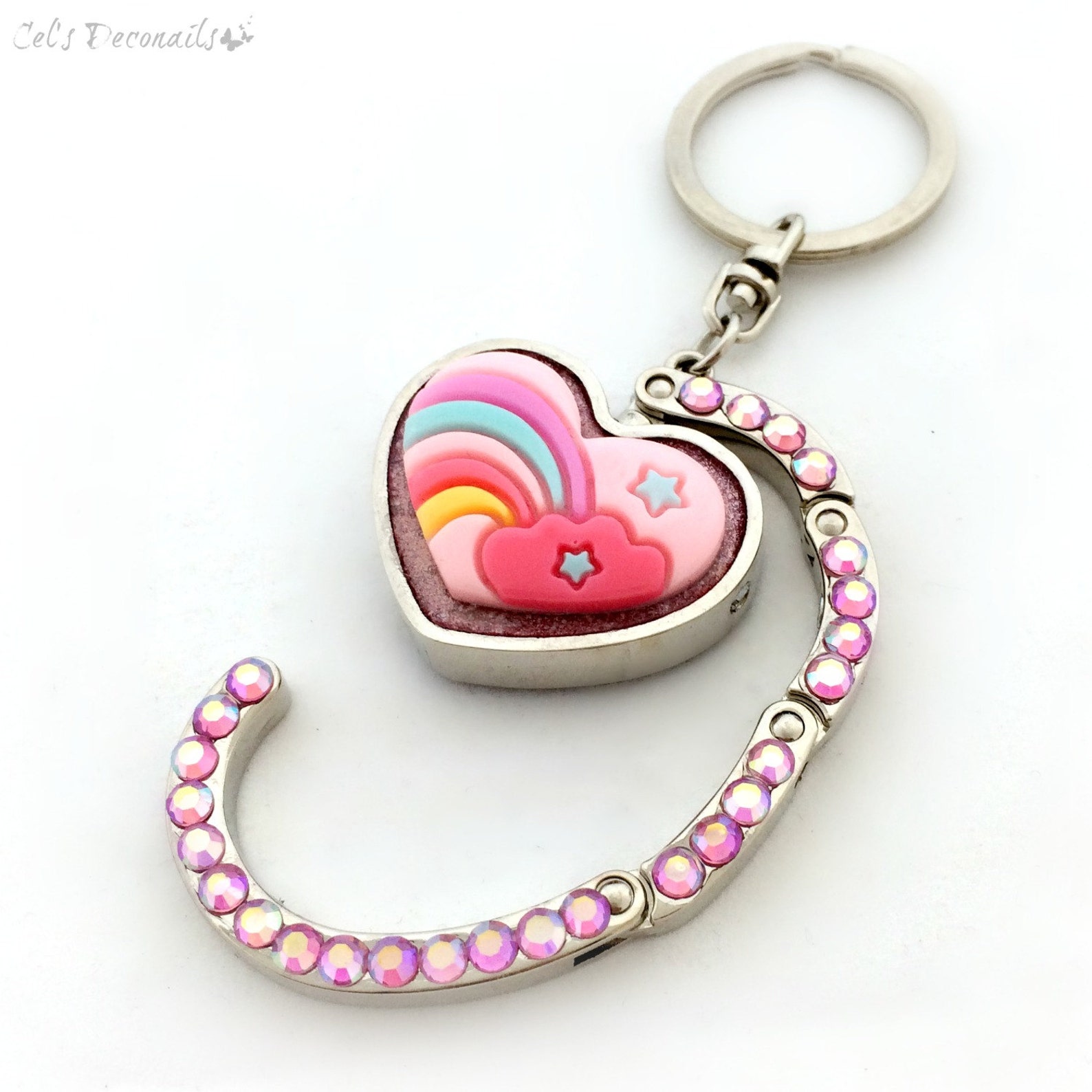 Kawaii Pastel Rainbow Heart Keychain, Pink Purse Hook, Cute Bag Charm