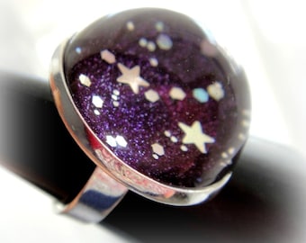 Purple sky glitter ring, universe space chunky statement ring, gift for her, adjustable ring