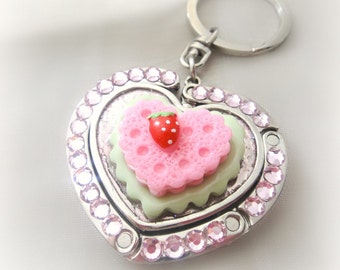 Kawaii strawberry keychain, heart shaped folding purse hook with keyholder, bag charm, sweet lolita accessories