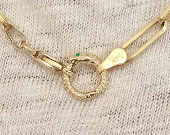 Snake 14K Solid Gold Enhancer Round Charm Pendant Lock, Small Size (Real 14K Solid Gold Snake Durable Connector for Multi Charms) In Stock!