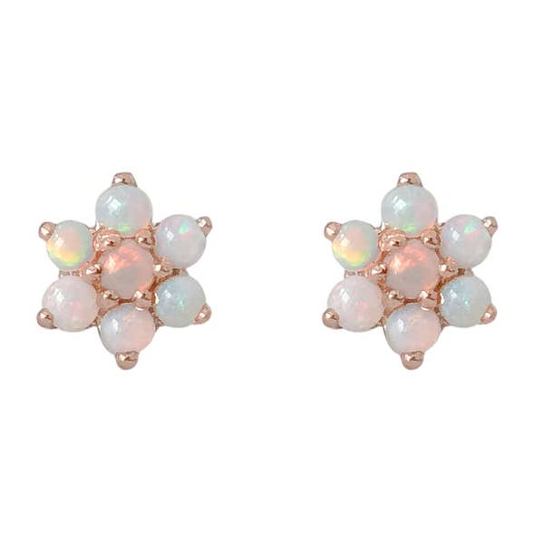 Opal Flower 14K Solid Gold Stud Earrings (Real Natural Opal Gemstones Rosebud) {as Single or Pair with Push or Screw Back Style Backings}