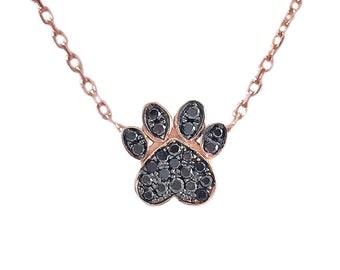 Paw Print 14K Solid Gold Black Diamond Necklace, Small Size (Animal Pet Paw Pavé Charm Pendant Necklace, Avail as Charm Alone} Gift Ideas